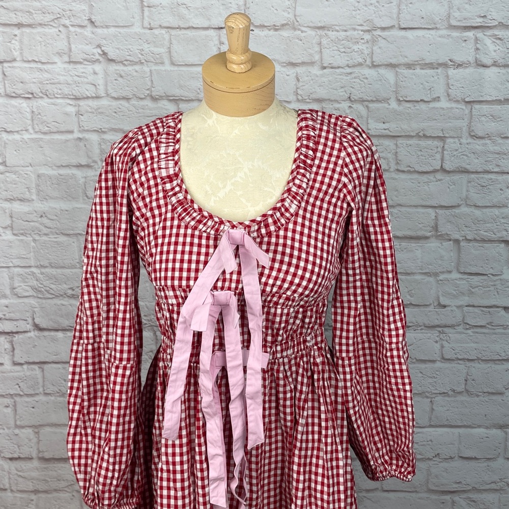 Damson Madder Dakota Red Gingham Pink Bow Picnic Dress Size 8 New! - Picture 3 of 8